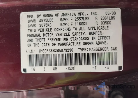 2008 Honda Accord 3.5 Ex-L z USA, uszkodzony, nr VIN 1HGCP36828A079296